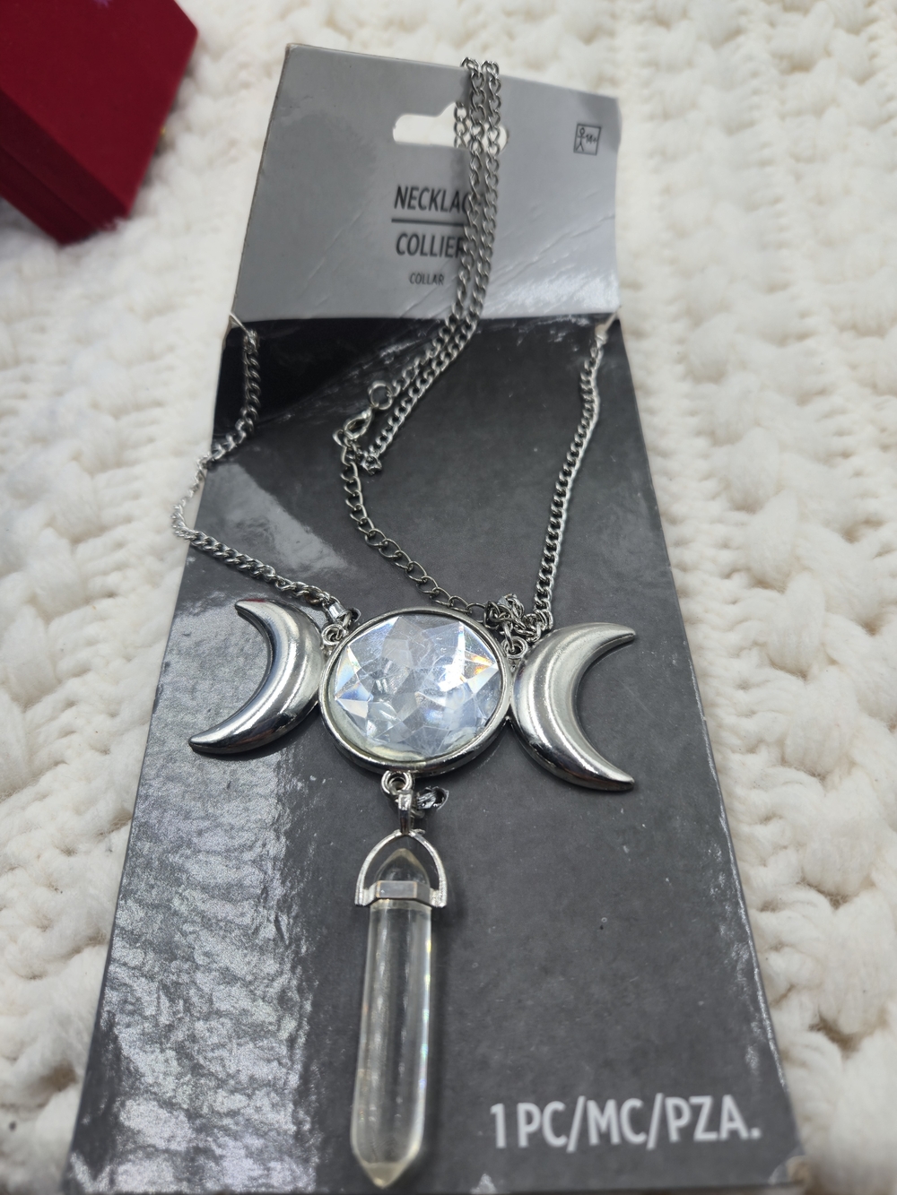 Silver Triple Moon Pendant Necklace with Clear Crystal Point